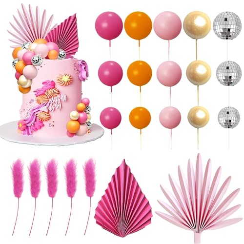 Lot de 36 boules de décoration de gâteau en feuilles de palmier pour anniversaire, mariage, fête prénatale, fête (orange et rose)