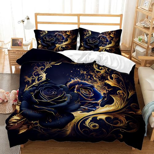 AILONEN Blue Rose Duvet Cover Set King Size, Gold Rose Leaves Printed Bedding Set,Black Blue Rose Comforter Cover Set,3 Pieces Flower Printed Comforter Cover Set,1 Quilt Cover with 2 Pillowcases