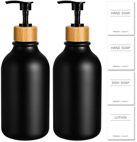 KASUNTING Hand Soap Dispenser Bathroom, Black Dish Soap Dispenser for Kitchen, 17 Fl Oz Plastic Hand and Dish Soap Dispensers Set with Bamboo Pump, 2 Pack Refillable Liquid Lotion Containers Bottle