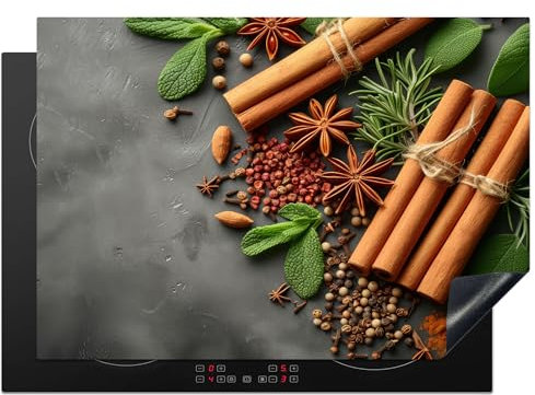 KitchenYeah© Protection Pour Plaque Induction 75x52 cm Deco Cuisine Ustensiles Protégé Cache De Cuisson Vitroceramique Cannelle - Épices - Béton - Feuilles - Cuisine