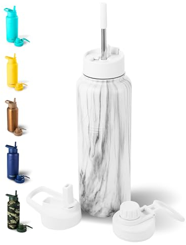 FAHRMOSIS 40 Oz Water Bottle with Straw Stainless Steel Sports Water Bottle with 3 Lids (Straw, Chug and Flip Lid) Insulated Leak Proof Metal Jug for Men & Women - White Marble