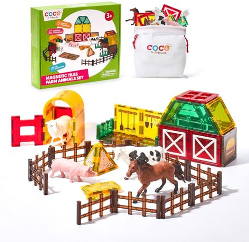 COCO&Friends Magnetic Tiles Farm Animals for Toddlers Kids Ages 3-8, Magnetic Blocks Building Toys Kids Magnetics Toys, Birthday Gifts for 3 Year Olds Girl Boy Sensory Development Toys