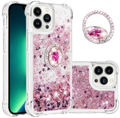 IMEIKONST Glitter Case for iPhone 13 Pro Max with Diamond Ring Kickstand, Moving Liquid Bling Quicksand Transparent Sequin Shockproof Protective Cover for iPhone 13 Pro Max. Love Rose YBZ