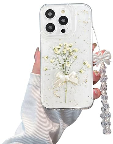 Pretaco for iPhone 11 - White Flower Bow Case - Real Flower Gold Foil Transparent Case - Soft TPU Case for Women and Girls 6.1