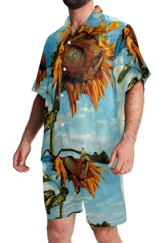 FNETJXF Set hawaiano da uomo, set corto da uomo, 2 pezzi, abiti da spiaggia per uomo, pittura a olio girasole estate, set corto da uomo, modello 1437, L