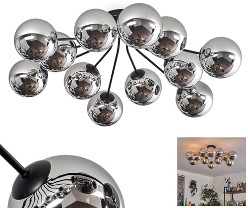 HOFSTEIN Deckenleuchte Gastor, Deckenlampe aus Metall/Glas in Schwarz/Chrom/Rauch, moderne Leuchte im Retro/Vintage-Design (Ø Schirme 15 cm), 12 x E14, Schlafzimmer, Wohnzimmer, Küche, Esszimmer