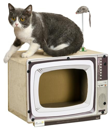 PawHut Rascador de Cartón para Gatos Tablero para Rascar en Forma de Televisor con Ratón de Juguete Centro de Actividades para Mascotas 43x23x32,5 cm Arena