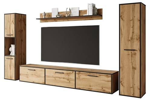 MINIO go for it - Meuble-Paroi 4 Éléments Toga, 1x Meuble TV, 2X Armoire Haute, 1x Tablette Murale - Chêne Wotan/Noir Couleur