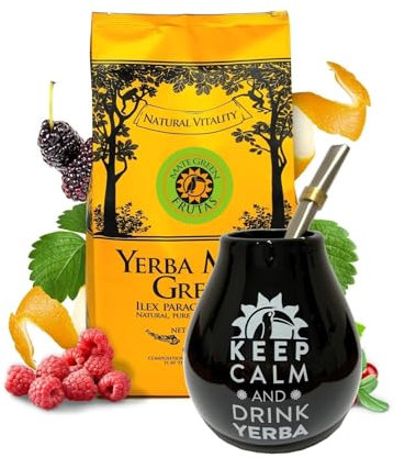 YERBA MATE Green Frutas STARTER SET Black Cup Natural Strong Energy Drink Mate Green Complete Set Begginer's Kit ENERGY Booster Green Mate Frutas 200g Kit Ceramic Cup 350ml Bombilla