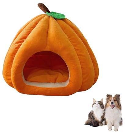 2024 Neues Kürbis Katzenbett, katzenhaus für Hauskatzen, Süßes katzenhöhle in Kürbisform, Halloween Katzen Bett mit Abnehmbarem Kissen, Warmes Schlafbett für Katzen und kleine Hunde (35x35x34cm)