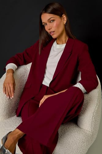 Roman Originals Ruched Sleeve Stretch Blazer for Women UK - Ladies Everyday Holiday Spring Summer Edge to Edge Opening Comfy Soft Evening Vacation Work Party - Wine - Size 14