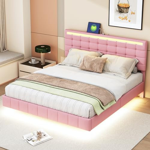 Lit Coffre 160 x 200 avec Sommier et LED, Lit Capitonné en Tissu Lin Rose, Tête de Lit Ajustable et Fonctionnelle, Lit Double pour Chambre Adulte