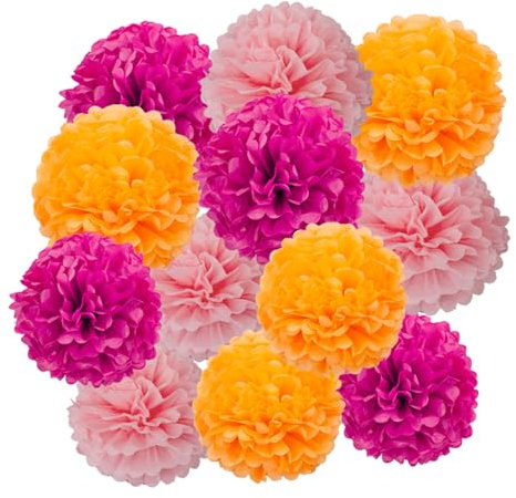 Lot de 12 pompons en papier de soie rose vif, orange et rose pour décoration de fête d'anniversaire, de mariage, 25,4 cm, 30,5 cm