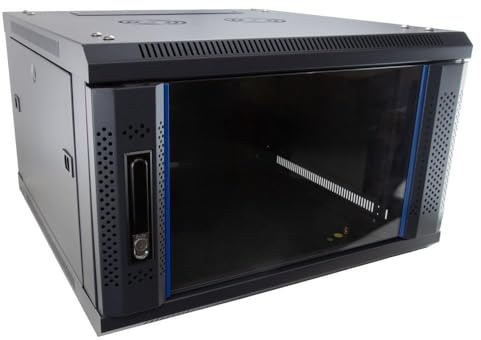 kenable Server Flat Pack Wall Mounted Data Cabinet 6U 19 Inch Rack 600 x 600mm Deep Black with Glass Door and Locking Mechanism for Network Equipment