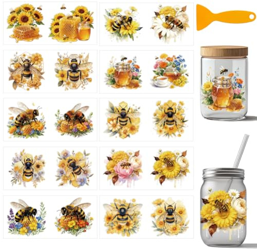 arricraft 10 Sheets Beehive Honey Pot Theme UV DTF Cup Wrap Stickers | 24x11cm Rub on Transfers for Crafts Waterproof Rub on Decals for 16 oz Glass Cups Mug Tumbler Window Home Decoration