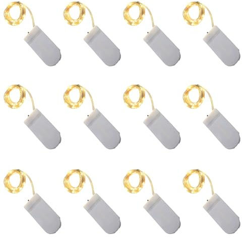 Mewneap 12 tiras de luces en hilo de cobre, 1 m 10 LED luces alimentadas por batería, mini lámparas LED para dormitorio, fiesta de boda, árbol de Navidad, decoración interior/exterior (blanco cálido)