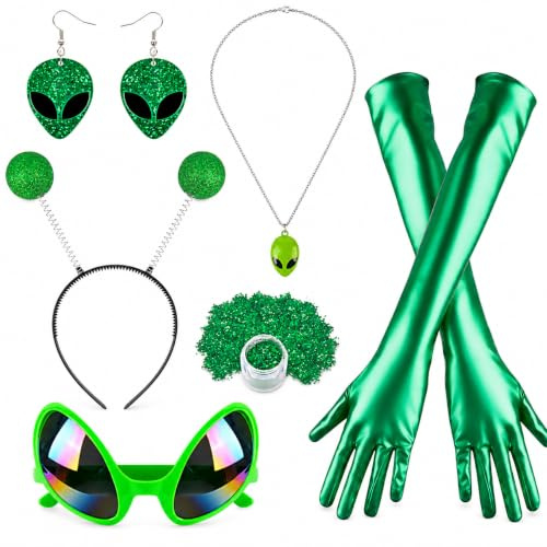 Nerien Alien Kostüm Set für Damen - 7 Stück Weltraum Alienkostüm Erwachsene | Frauen Ausserirdische Kostume mit Haarreif Alienbrille Ohrringe Handschuhe Halskette Glitzer