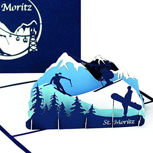 Grußkarte St. Moritz - 3D Karte als Souvenir, Geburtstagskarte, Reisegutschein & Einladungskarte zum Skiurlaub in der Schweiz - Pop Up Karte Ski & Snowboard