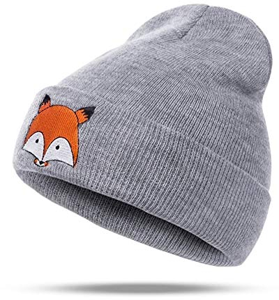 EROSPA® Warme Kinder-Winter-Mütze - Fuchsmotiv - Jungen (5-12 Jahre) (Hellgrau)