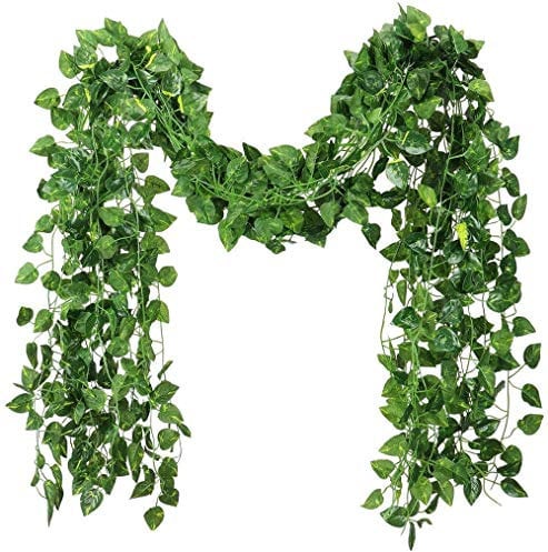 Artificial Ivy Garland, 12 Pack 84 Feet Fake Ivy Hanging Vines, Green Leaves Fake Plants for Wedding, Party, Garden, Office, Bedroom Decoration(Scindapsus Leaves)