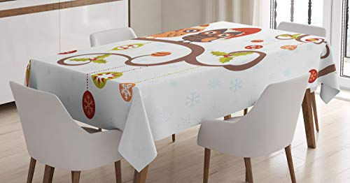 ABAKUHAUS Weihnachten Tischdecke, Noel Eulen Folkloric, Schmutzabweisend Pflegeleicht Waschbar Druck Mit Klaren Farben ohne Verblassen, 140 x 200 cm, Braun Rot