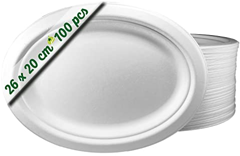 100 Bandejas Desechables ovales de Papel de caña de azúcar de 26 x 20 cm. Vajilla desechable Biodegradable extrafuerte de Color Blanco. Bandejas para Fiestas y desayunos.