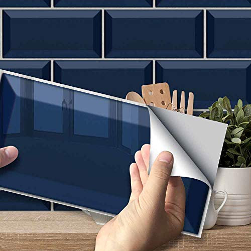 Hiser Kitchen Bathroom Wall Tile Stickers, 20 * 10cm DIY Rectangle Decals 3D Simple Solid Color Gemstone Series Sticker for Kitchen Living Room Bathroom Home Decor Self-Adhesive (Navy blue,54pcs)
