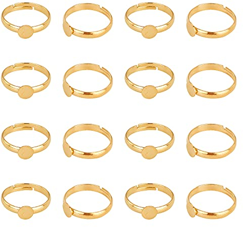 PH PandaHall 40pcs Blank Rings, Brass Adjustable Finger Ring Settings Components Gold Rings with 6mm Round Pad for Jewellery Ring Making