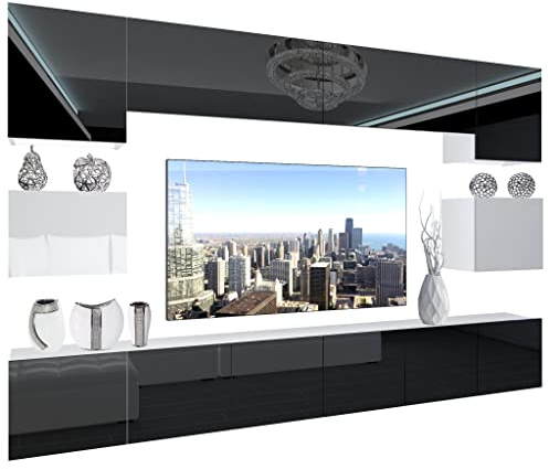 BELINI Wohnwand Vollausstattung Wohnzimmer-Set Moderne Schrankwand mit LED-Beleuchtung Anbauwand TV-Schrank Schwarz/Weiß