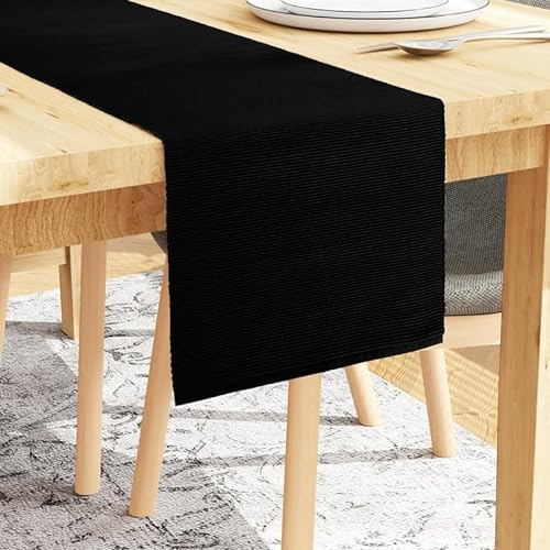 Encasa XO Tischläufer | Garngefärbte Feinripp-Baumwolle | Größe 32x200 cm | Tiefes Schwarz | Maschinenwaschbar