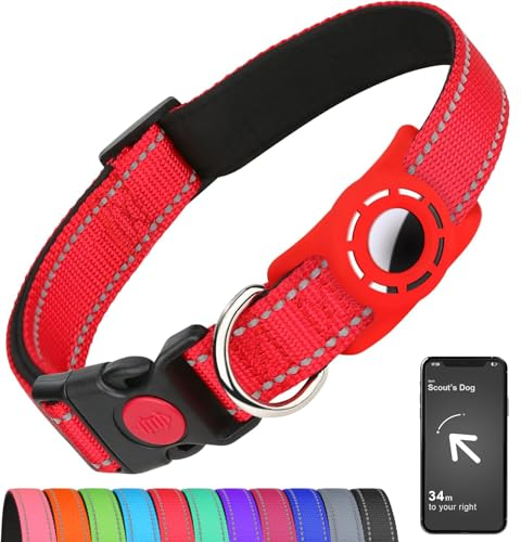 Erbine Airtag Hundehalsband für Welpen Hunde, Reflektierende Hundehalsbänder mit AirTag Halterung, Nylon Haustierhalsband Verstellbar für Alle Rassen, Rot