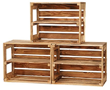 GrandBox Geflammte Holz-Kiste 49x39x29cm 3er Set, mit Mittelbrett, Wein-Kiste, Obst-Kiste, Kaminholz-Kiste, Deko, Aufbewahrung Vintage Shabby Chick Retro