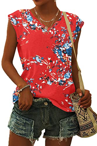 WNEEDU T-Shirt Damen Sommer V Ausschnitt Tank Top Locker Bluse Oberteile Top Sommer Damen Leicht und Luftig mit Flügelärmeln Floral Rot Blau XL
