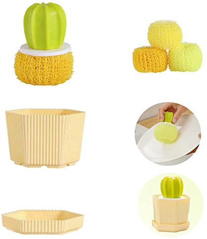 6pcs Dish Brush Holder Set, Kitchen Dish Scrub Brushes Replaceable Brush Heads Dishes Pots Pans Cleaning Tool (Green Handle Yellow Holder 3 Heads)