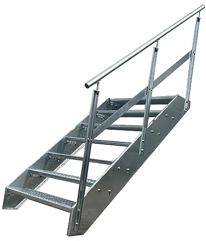 Kaminbau Mierzwa Premium Stahl Treppe Geländer Rechts Verzinkt 7 Stufen (Breite 1200 mm) (Höhe 133 cm) Wetterfest Gitterroststufe Gartentreppe