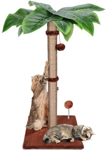 HEVOL Columna Rascador para Gatos, Cuerda de Sisal Natural con 2 Bolas Colgantes Interactivas y Juguete de Primavera,80 cm Arbol de Escalada para Gatos para Jugar en Casa – Marrón