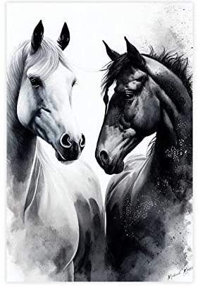 FISH DRAGATE Poster cheval noir et blanc porte-bonheur Six chevaux au galop - Décoration murale pour salon, chambre à coucher - Style sans cadre - 30 x 45 cm