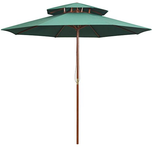 Homgoday Sombrilla de 2 niveles 270 x 270 cm con palo de madera verde, sombrilla de jardín playa, pesca exterior cortavientos portátil para balcón, terraza, exterior piscina, Grande