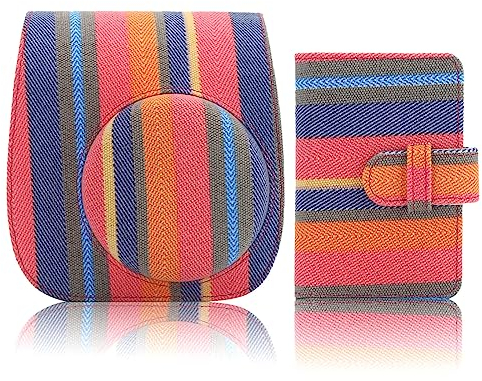 QIYWFA Instant Camera Protective Case Compatible with Fujifilm Instax Mini 12/11/9/8/8+ Instax Camera Soft PU Leather Bag with Pocket and Removable Shoulder Strap,28 Pocket Mini Photo Album(Stripe)