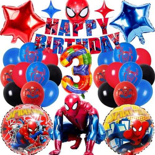 Spiderma Kindergeburtstag Deko, Spidey Luftballons Geburtstag Dekoration für Junge und Mädchen,Spiderma Geburtstagsdeko 3 Jahre Mit riesigen 3D-Spiderma-Folienballons, Birthday Banner, Latexballons