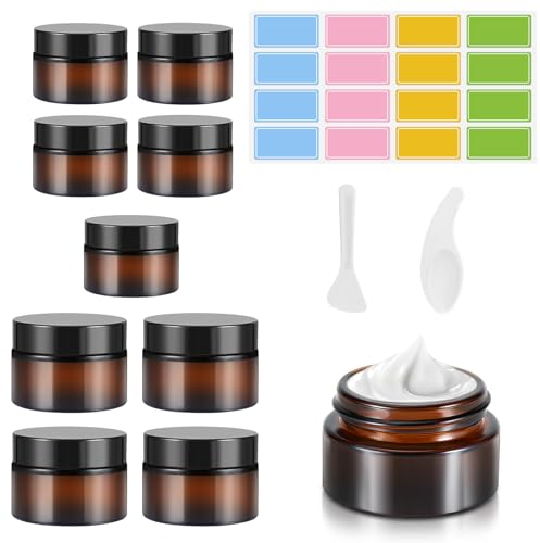 Collazoey 10 Pieza Ámbar Tarros de Cristal, Tarros de Crema, 20 ml/30 ml con Pegatina y Cuchara Pequeña, Recipientes de Vidrio Marrón, Recipientes Vacíos Recargables para Cosméticos, Cremas, Lociones