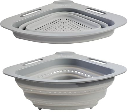Food Flex Collapsible Corner Colander – Space-Saving Over Sink Strainer, 3.5 Qt, Grey
