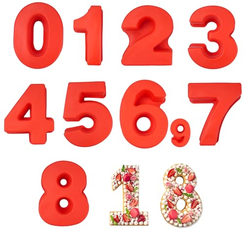Hocadrv 9 Stück Backform Zahlen Silikon Zahlen Backform Number Cake Backform Rot Anzahl Backformen Kuchenform Zahlen Groß für Geburtstag Party Jubiläum Kuchen Keksen Pralinen(0-8)