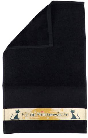 Fördeblau Katzenliebhaber Handtuch mit Katzenmotiv und Spruch 'Für die Pfötchenwäsche' als Geschenkidee, 100% Baumwolle (bis auf die Bordüre) in Schwarz, 30x50cm – Auch als Kinderhandtuch