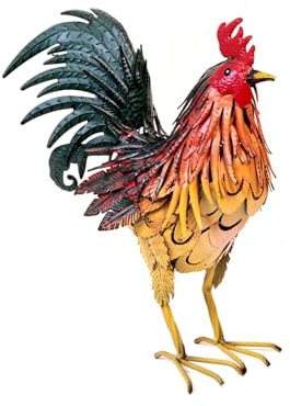 Garden Haven Harry The Rooster Metal Garden Sculpture, Hand Painted Standing Rooster Ornament, Weather Resistant Outdoor Garden Statue, Freestanding Décor, 38cm