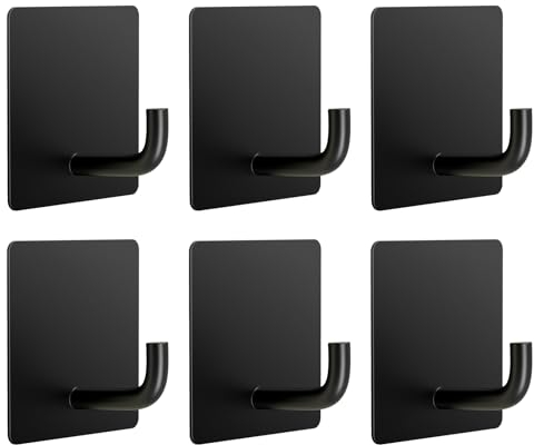 Crochet Adhesif Mural, Set de 6 Porte Manteau Mural sans Percage, Accroche Torchon Cuisine en Acier Inoxydable, Résistant à l'Eau et Antirouille, Design Élégant et Moderne(Noir)