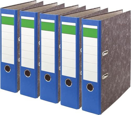 Papiertiger Ordner Nature mit farbigem Rücken aus Graukaton im Wolkenmamor Design, Rückenschild klassisch grüner Balken (Nature (Wolkenmamor), Blau, 5 Stück | 8cm Breit)