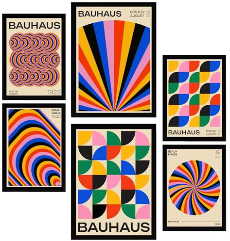 Nacnic-Set mit 6 Dekorative Malerei Geometrische Bauhaus-Farben und -Formen Gerahmtes Poster mit Design-Illustrationen zur Dekoration der Wände A3 & A4 Schwarzer Rahmen