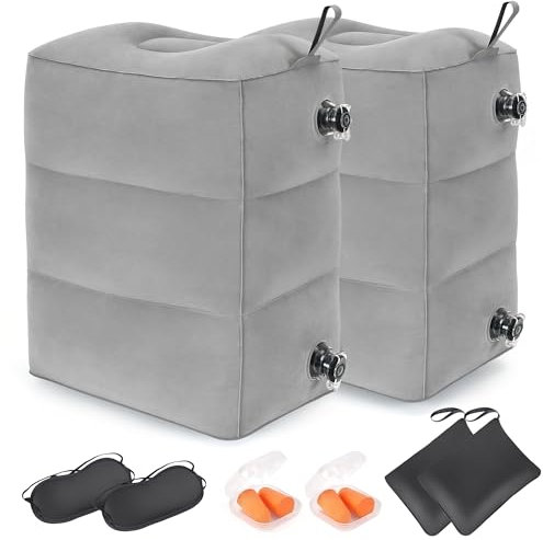 RISEPRO Lot de 2 coussins repose-pieds de voyage gonflables à 3 couches réglables en hauteur, lit d'avion, pour adultes, essentiels de voyage en avion, train, voiture, bureau, maison (gris)