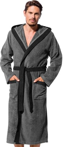 Morgenstern Bademantel Herren Baumwolle Frottee mit Kapuze Sauna Spa Lang Größe XL Grau Schwarz